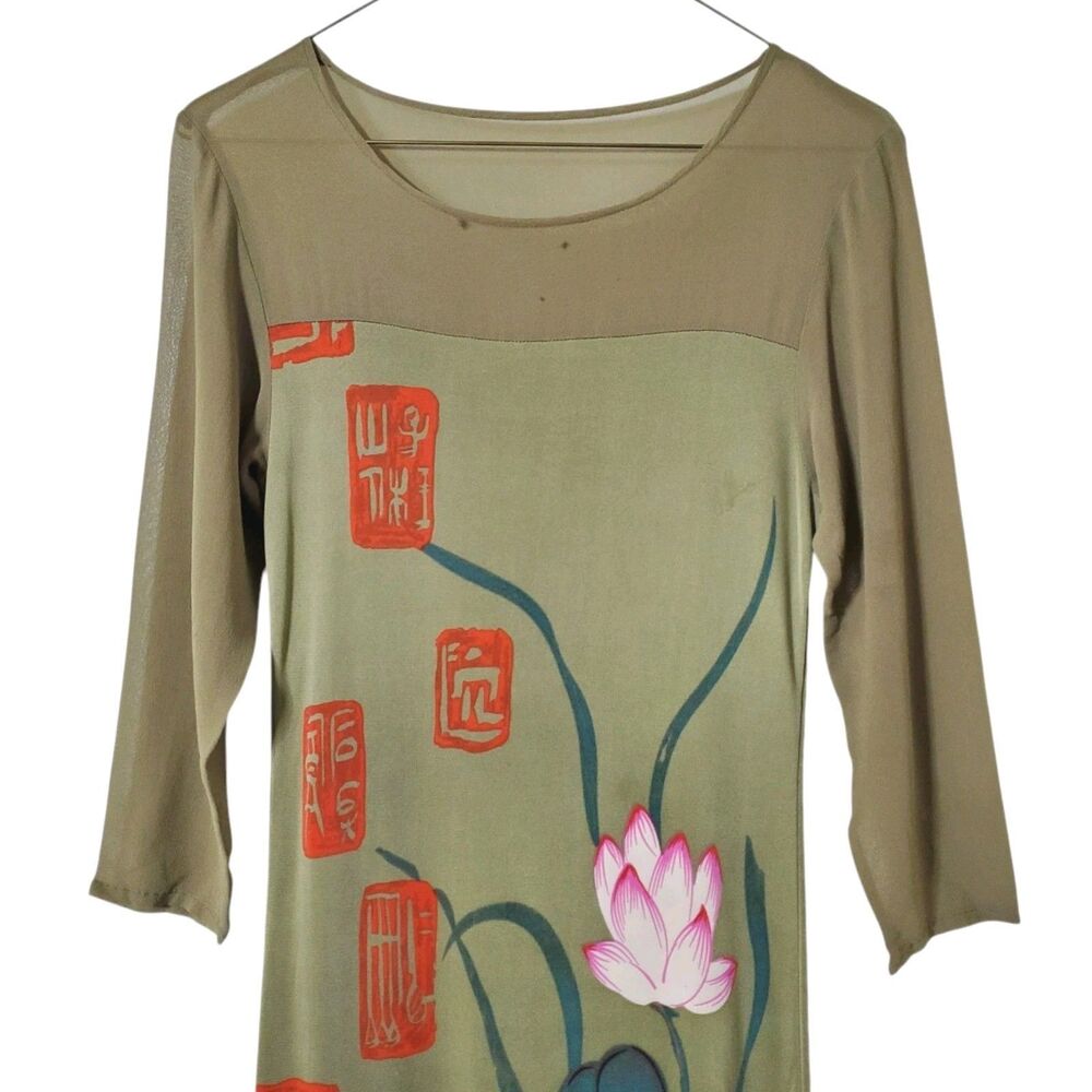 Illig Vintage 100% Silk Midi Dress Size M Y2K Asian Lotus Print Kanji Womens - Picture 3 of 11